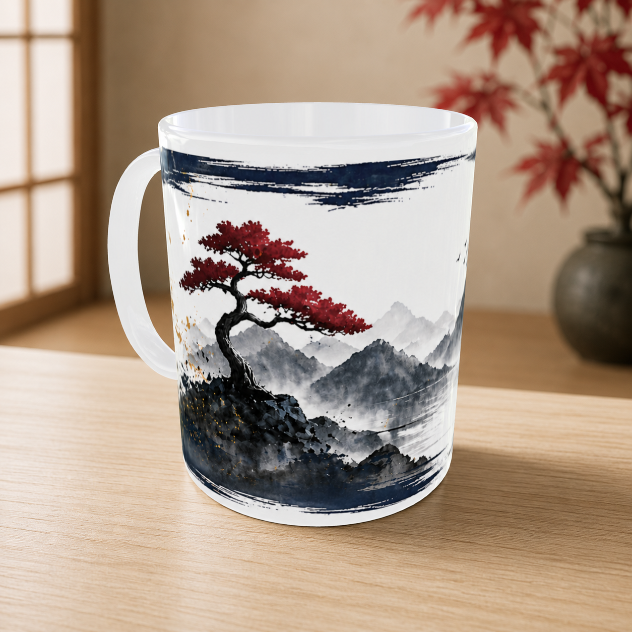 Personalisierte Keramiktasse mit japanischem Ahornmotiv in einer warmen Wohnszene