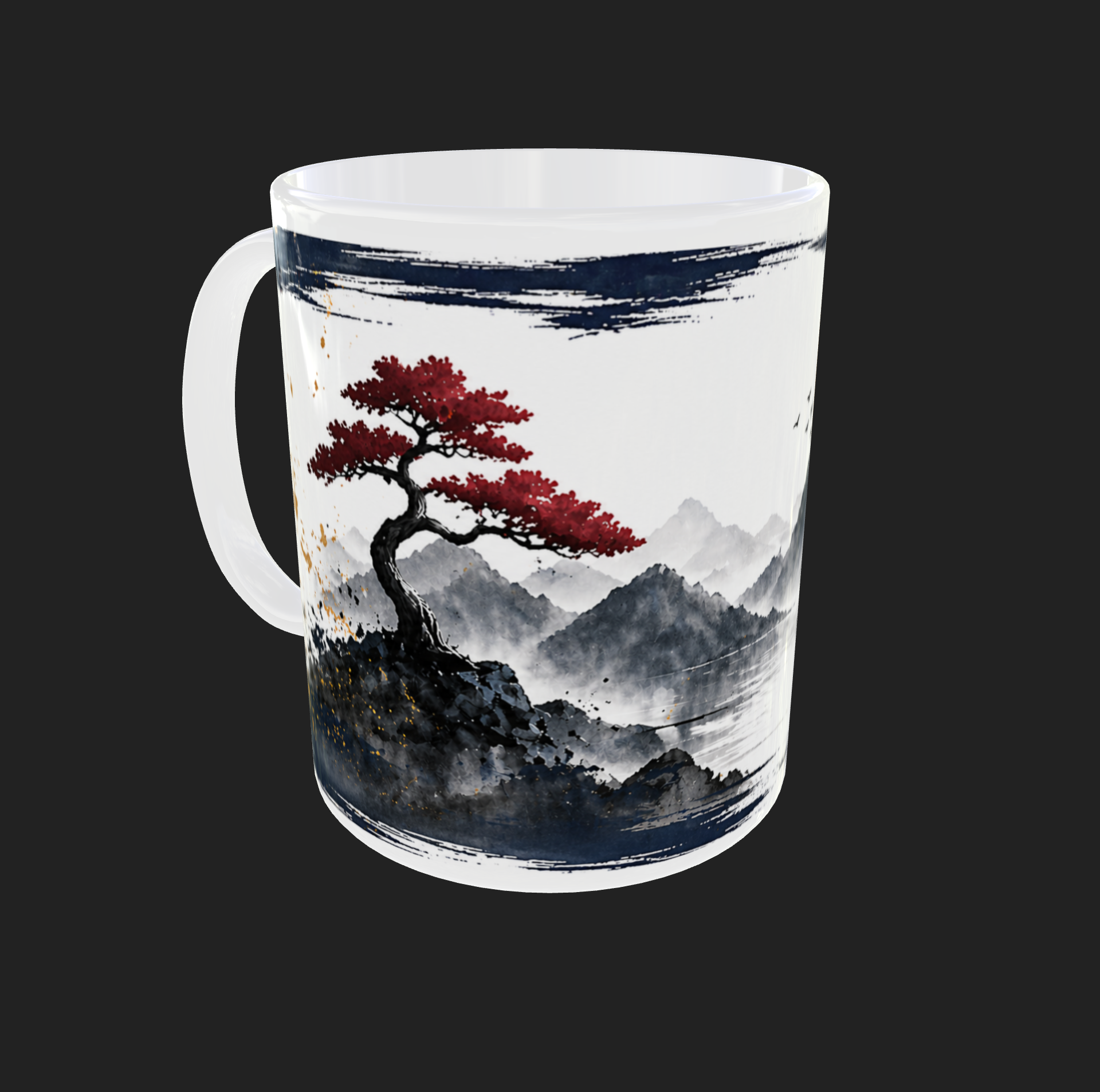 Weiße Keramiktasse mit rotem japanischem Ahornbaum und Aquarell-Berglandschaft