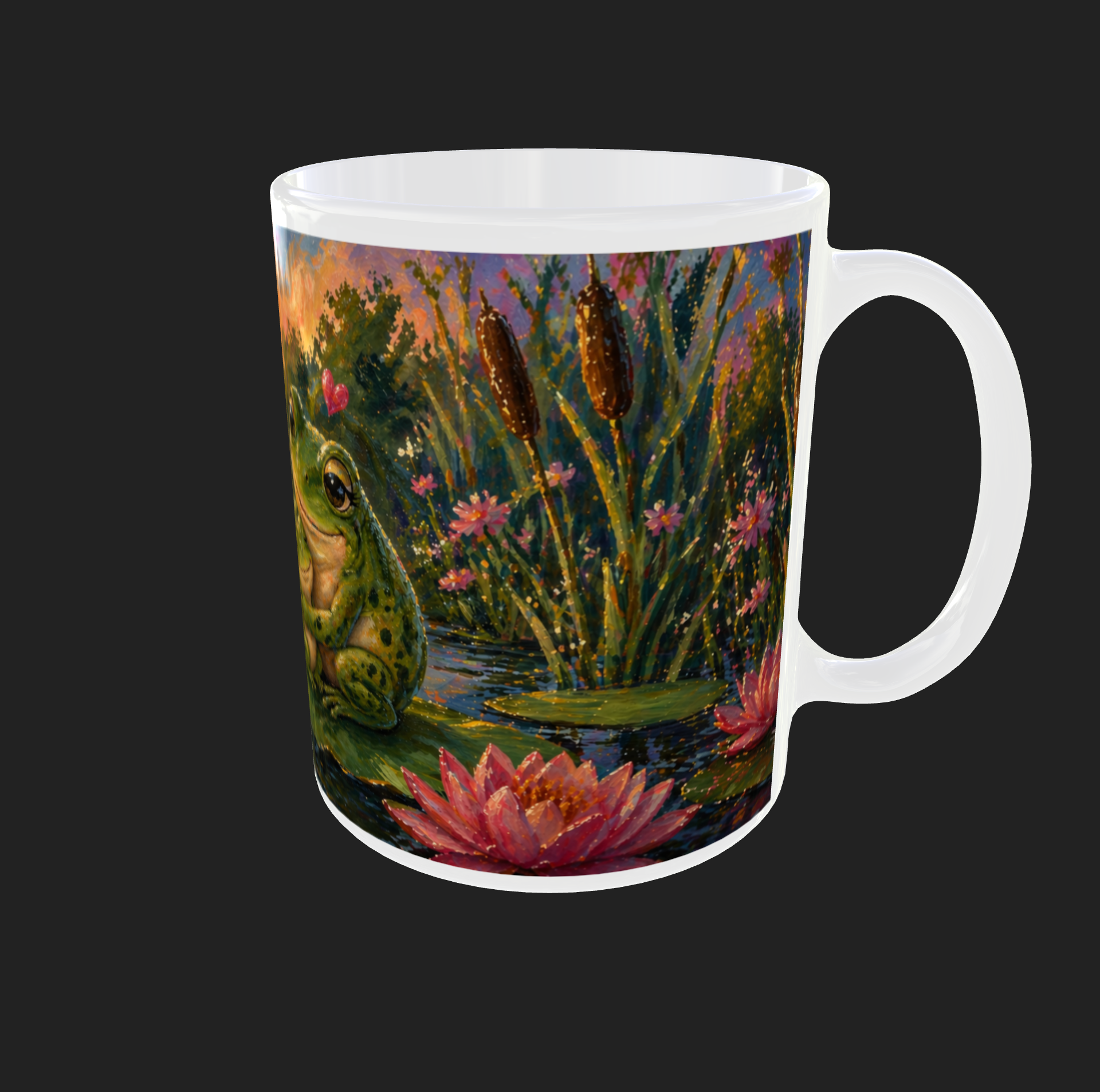 Seitenansicht der Muttersein-Tasse mit Frosch und Seerosen
