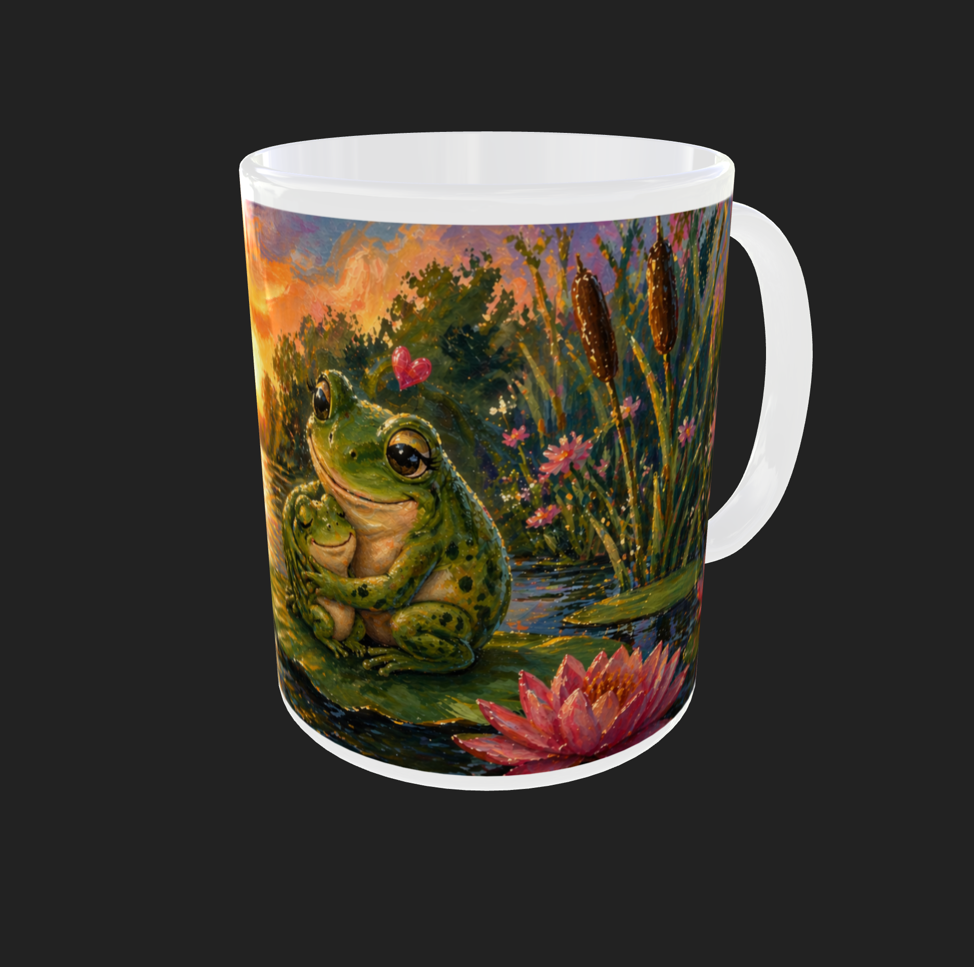 Personalisierte Keramiktasse mit Froschmutter und Froschkind im Seerosenteich