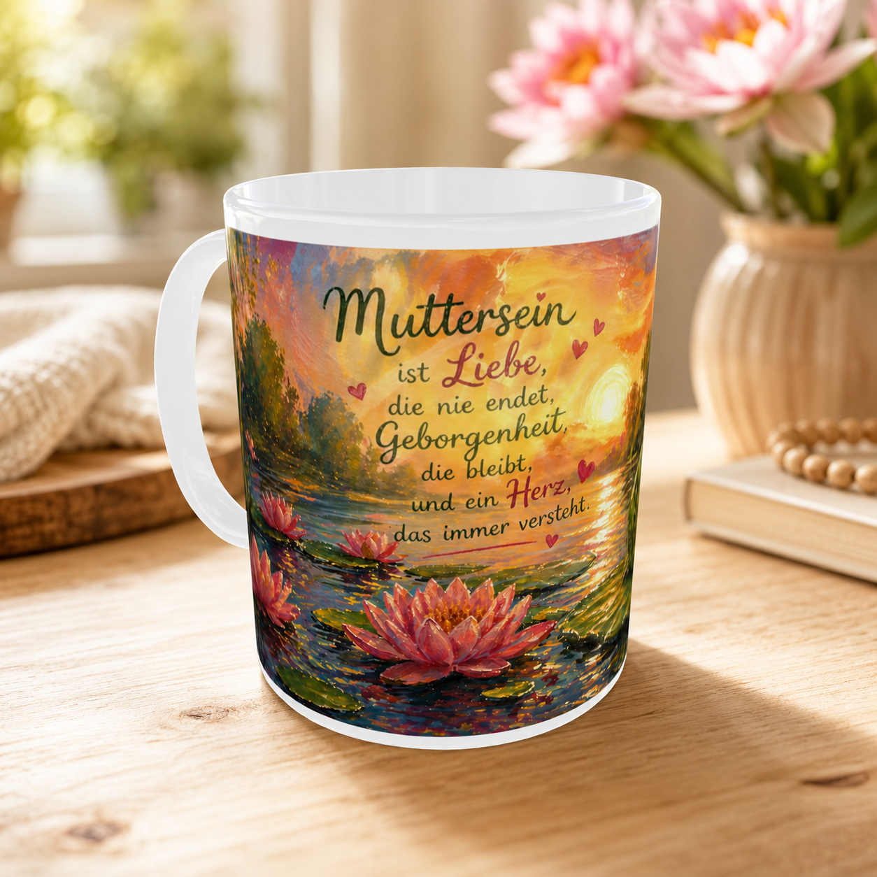 Personalisierte Muttersein-Keramiktasse mit Seerosenmotiv in einer warmen Wohnszene