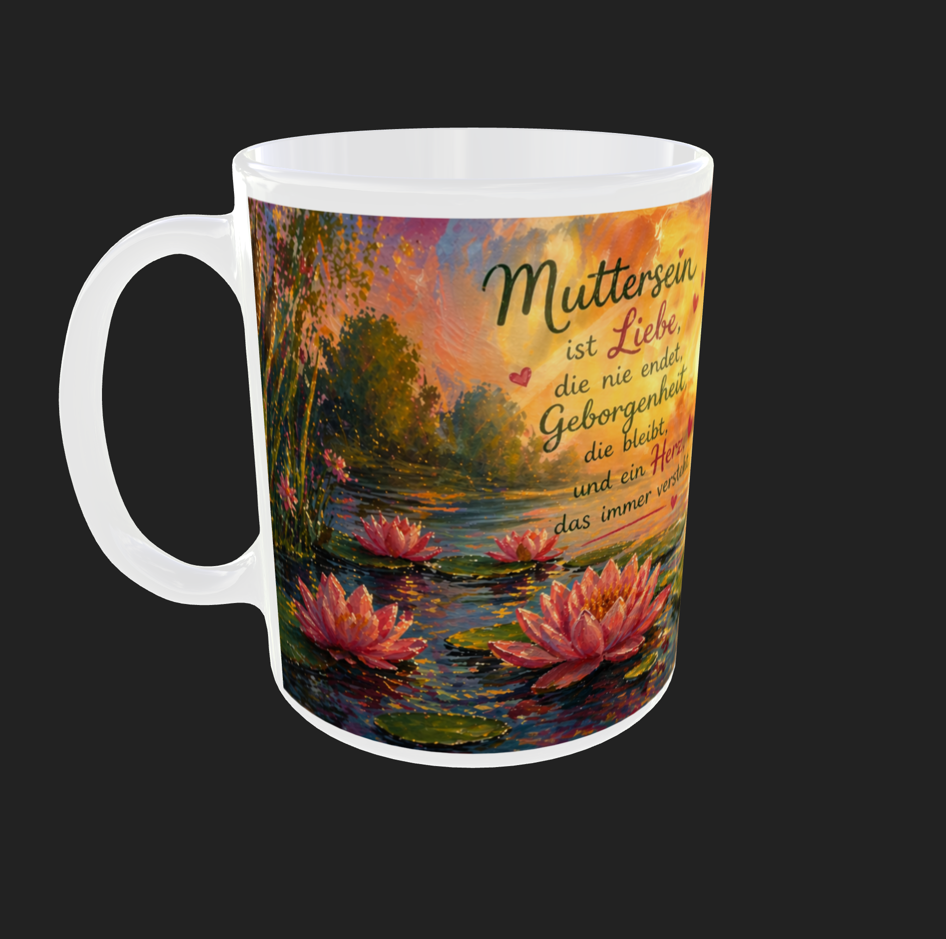 Personalisierte Keramiktasse mit Seerosenteich und Muttersein-Spruch