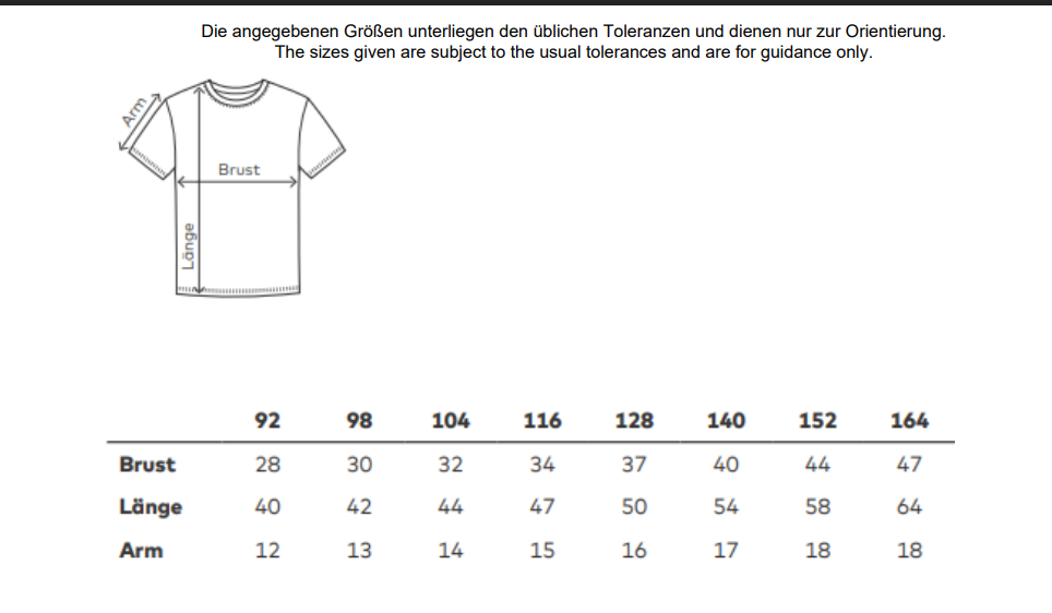 Größentabelle Promodoro E399 Kinder-T-Shirt in Zentimetern