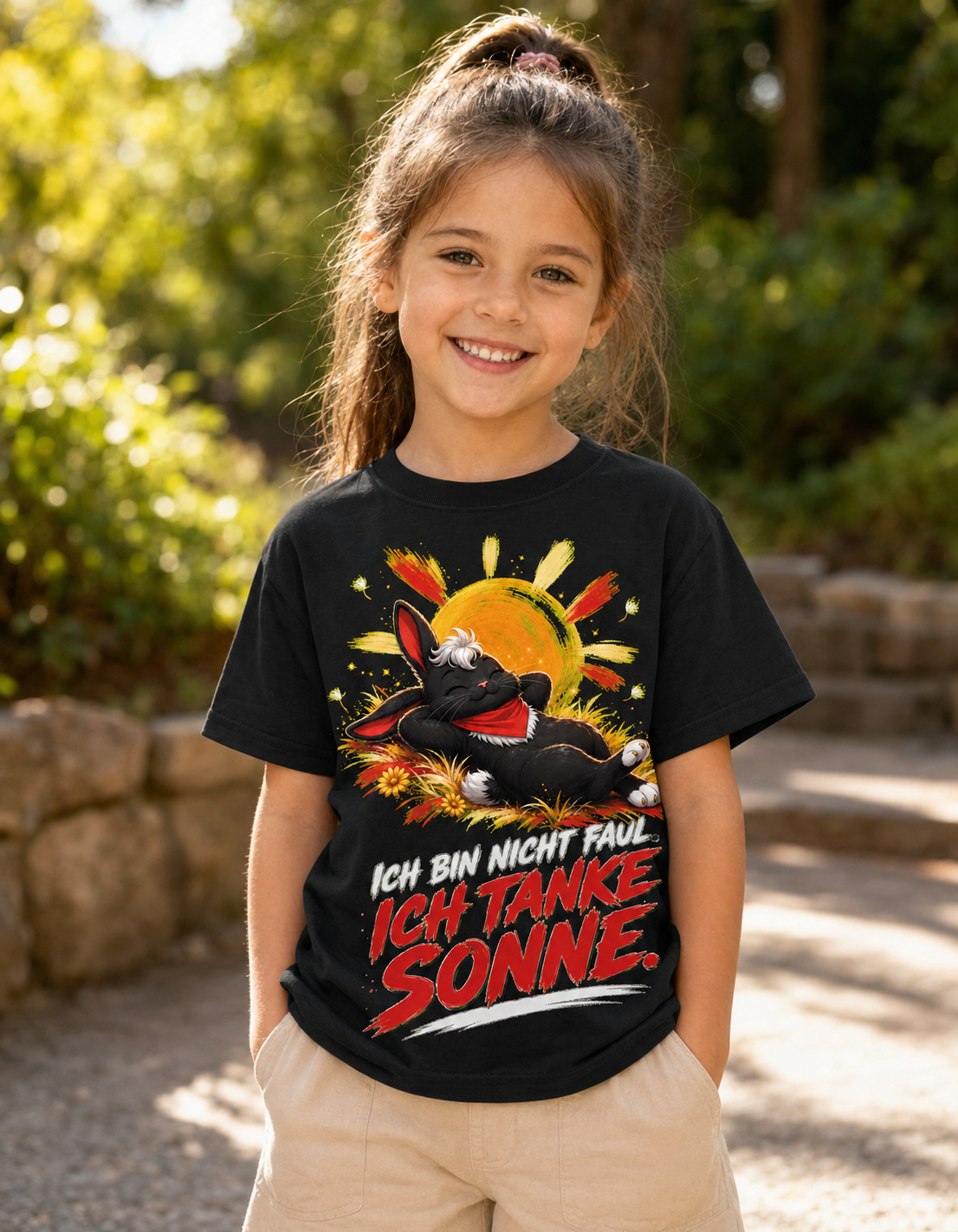 Sonne tanken Hase Kinder-T-Shirt in Schwarz – getragen