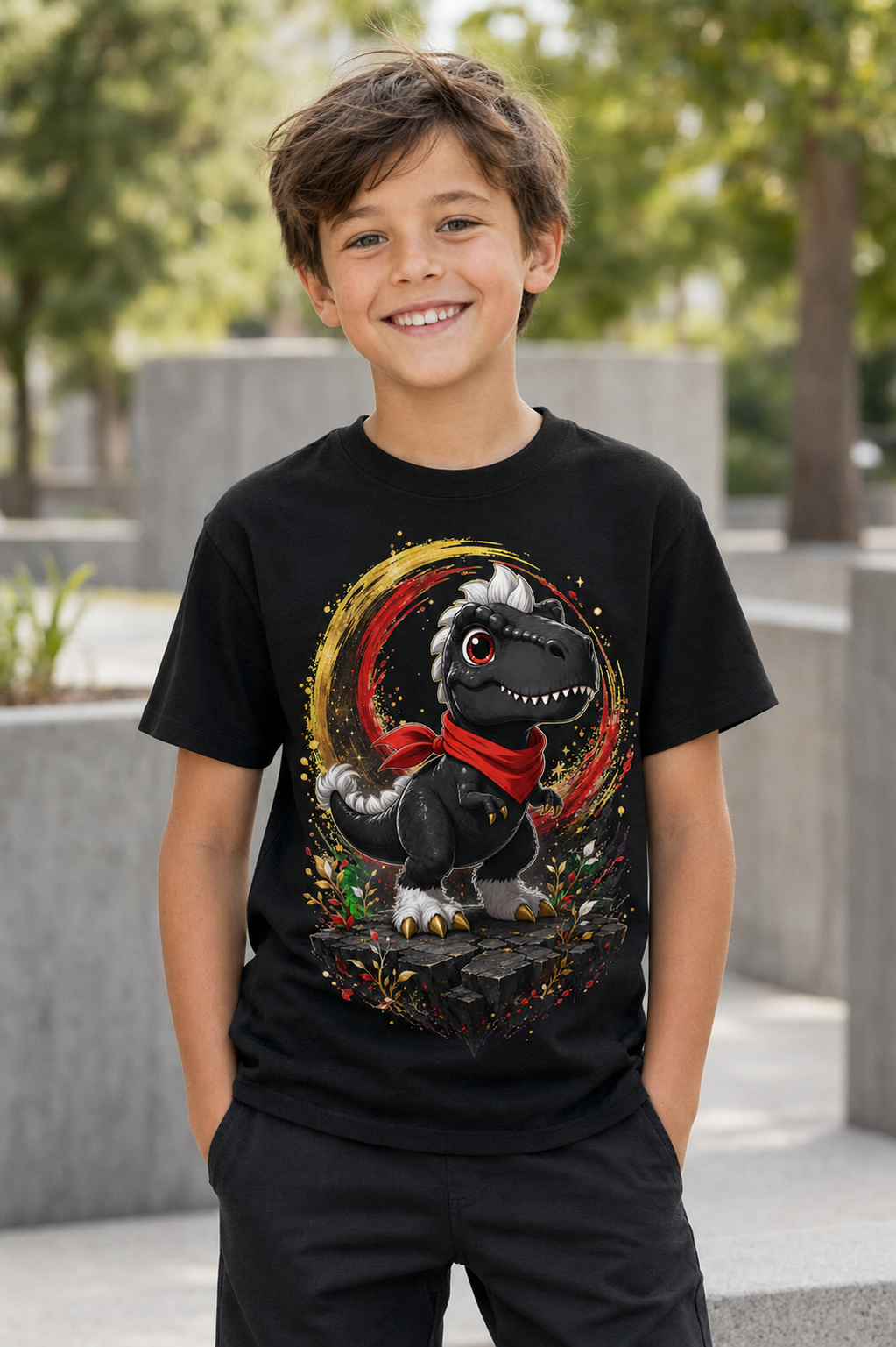 Tiko Sanfte Stärke Kinder-T-Shirt in Schwarz – getragen