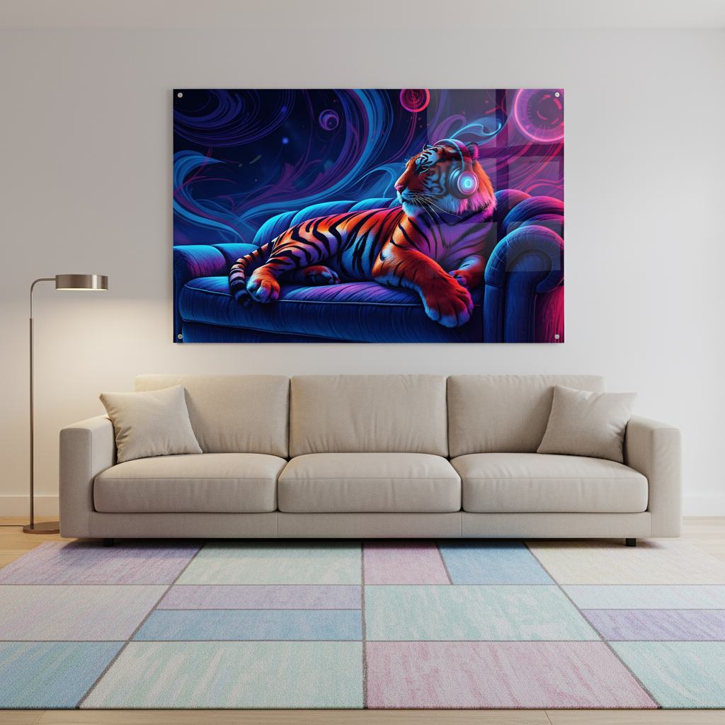 Neon tiger with headphones – acrylic glass wall art for music lovers &amp; modern living