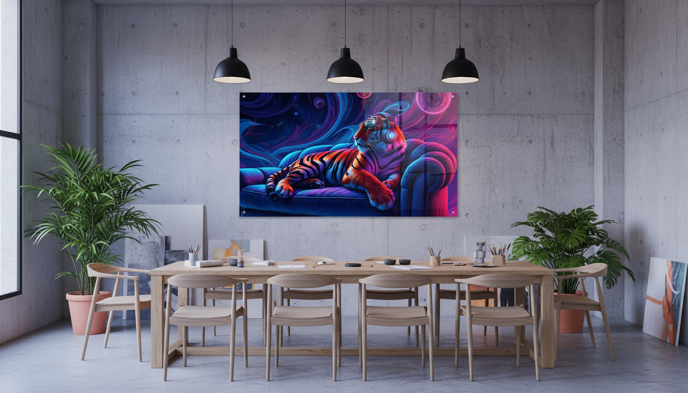 Neon tiger with headphones – acrylic glass wall art for music lovers &amp; modern living