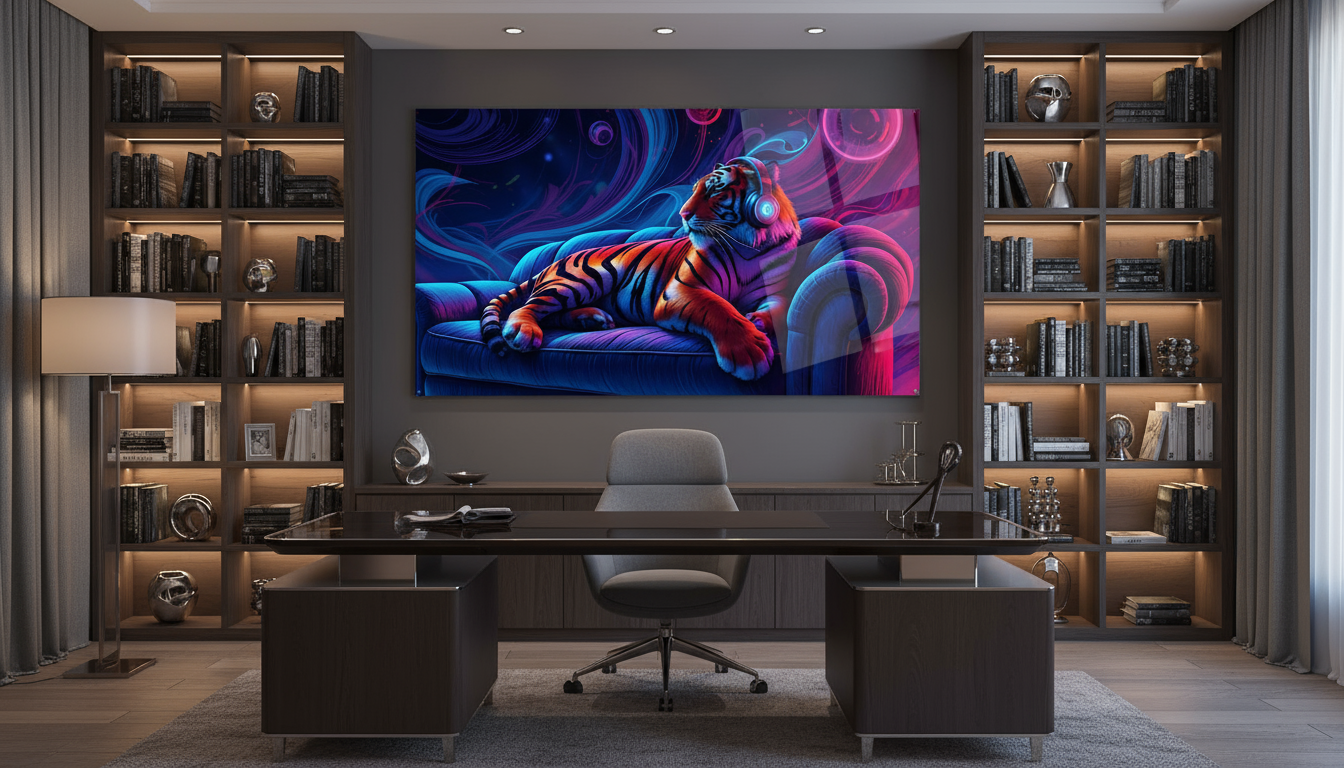 Neon tiger with headphones – acrylic glass wall art for music lovers &amp; modern living