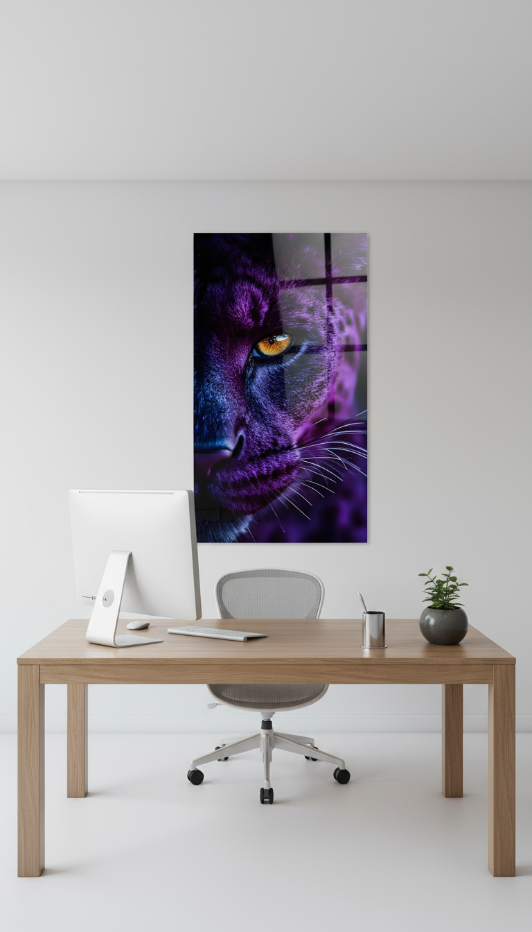 Mystical big cat acrylic wall art – Panther eye in violet blue – Powerful animal portrait for the living room