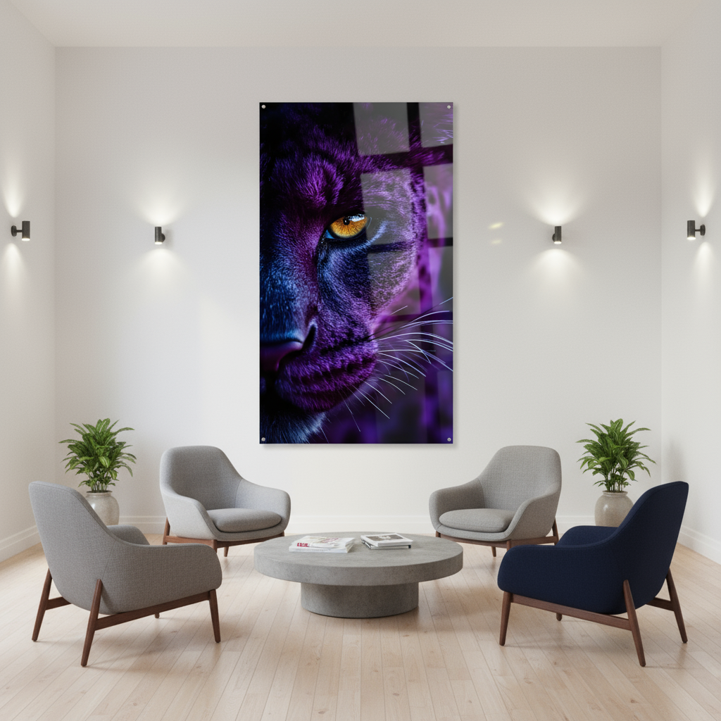 Mystical big cat acrylic wall art – Panther eye in violet blue – Powerful animal portrait for the living room