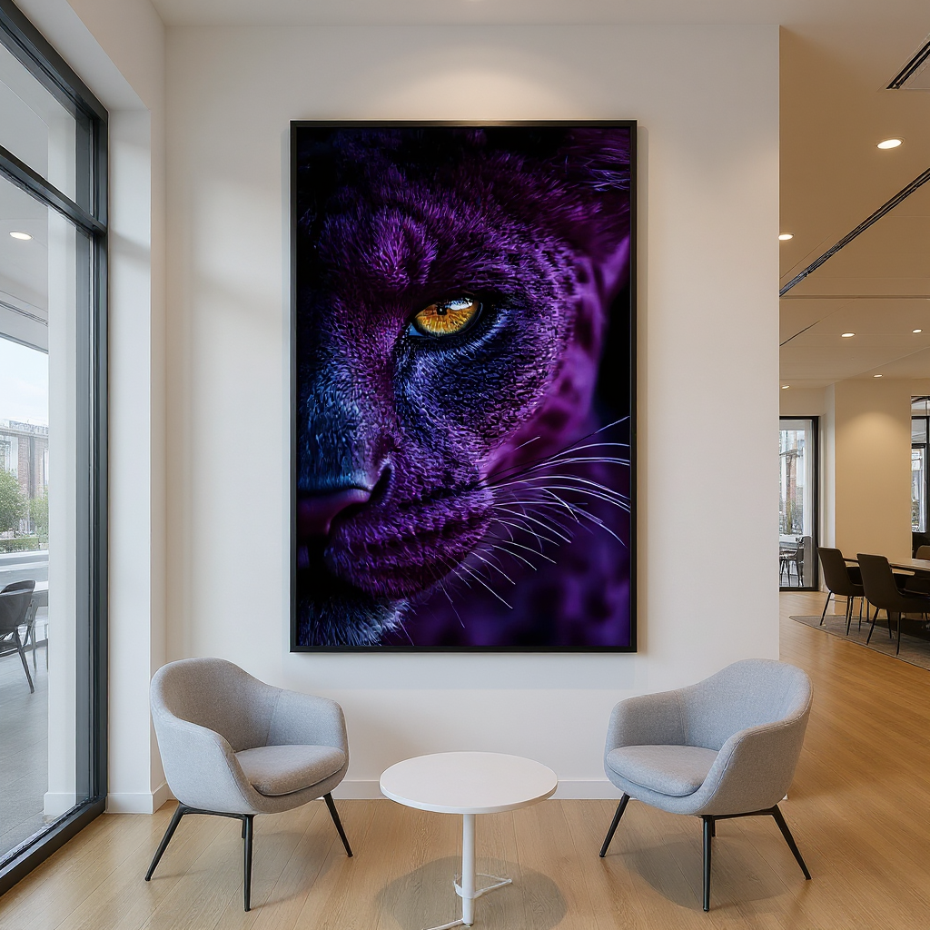 Mystical big cat acrylic wall art – Panther eye in violet blue – Powerful animal portrait for the living room