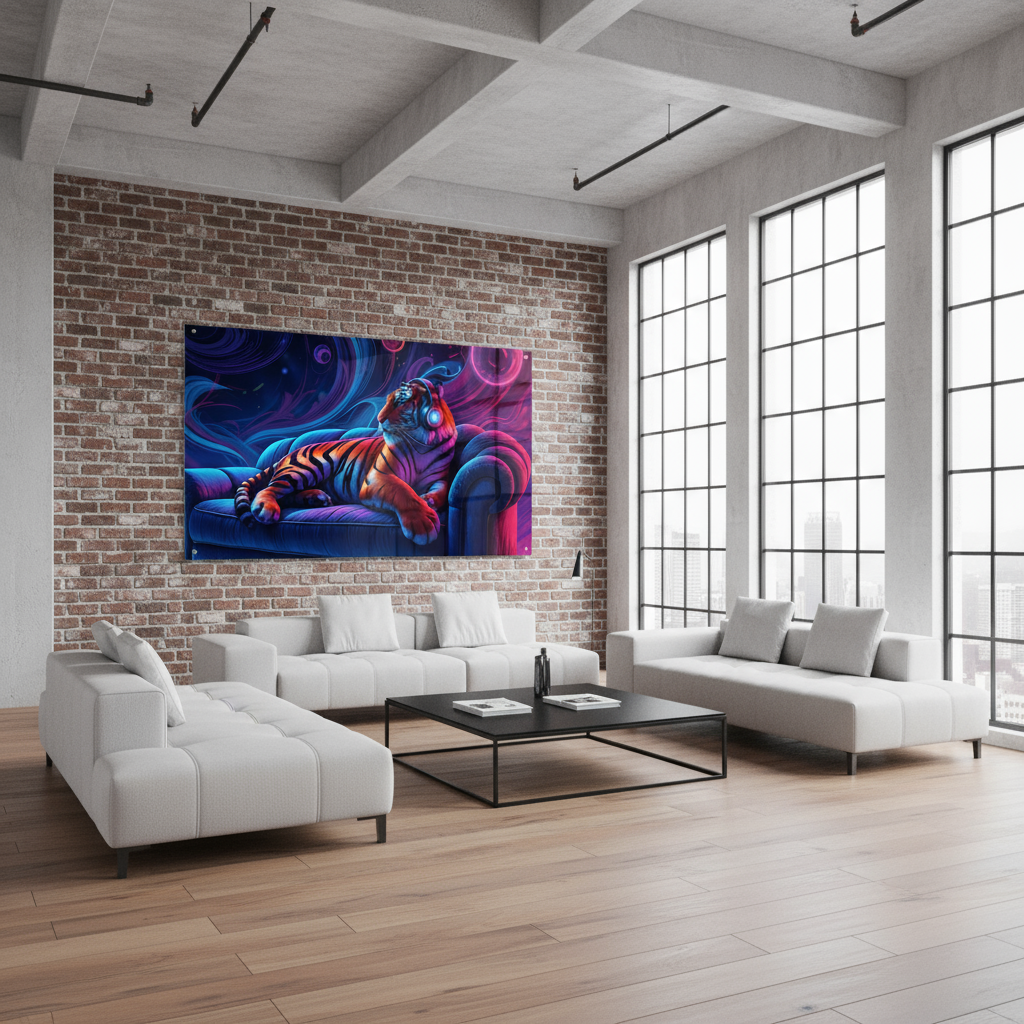 Neon tiger with headphones – acrylic glass wall art for music lovers &amp; modern living