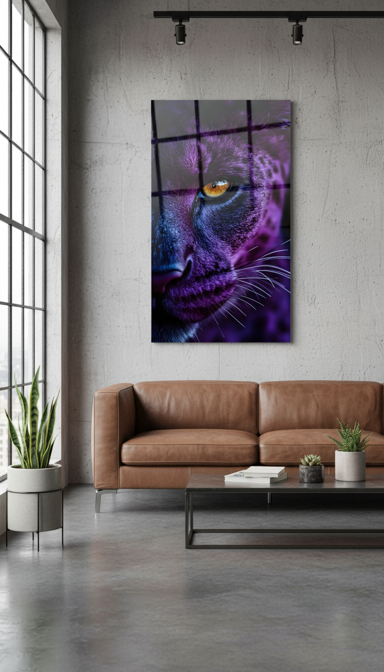 Mystical big cat acrylic wall art – Panther eye in violet blue – Powerful animal portrait for the living room