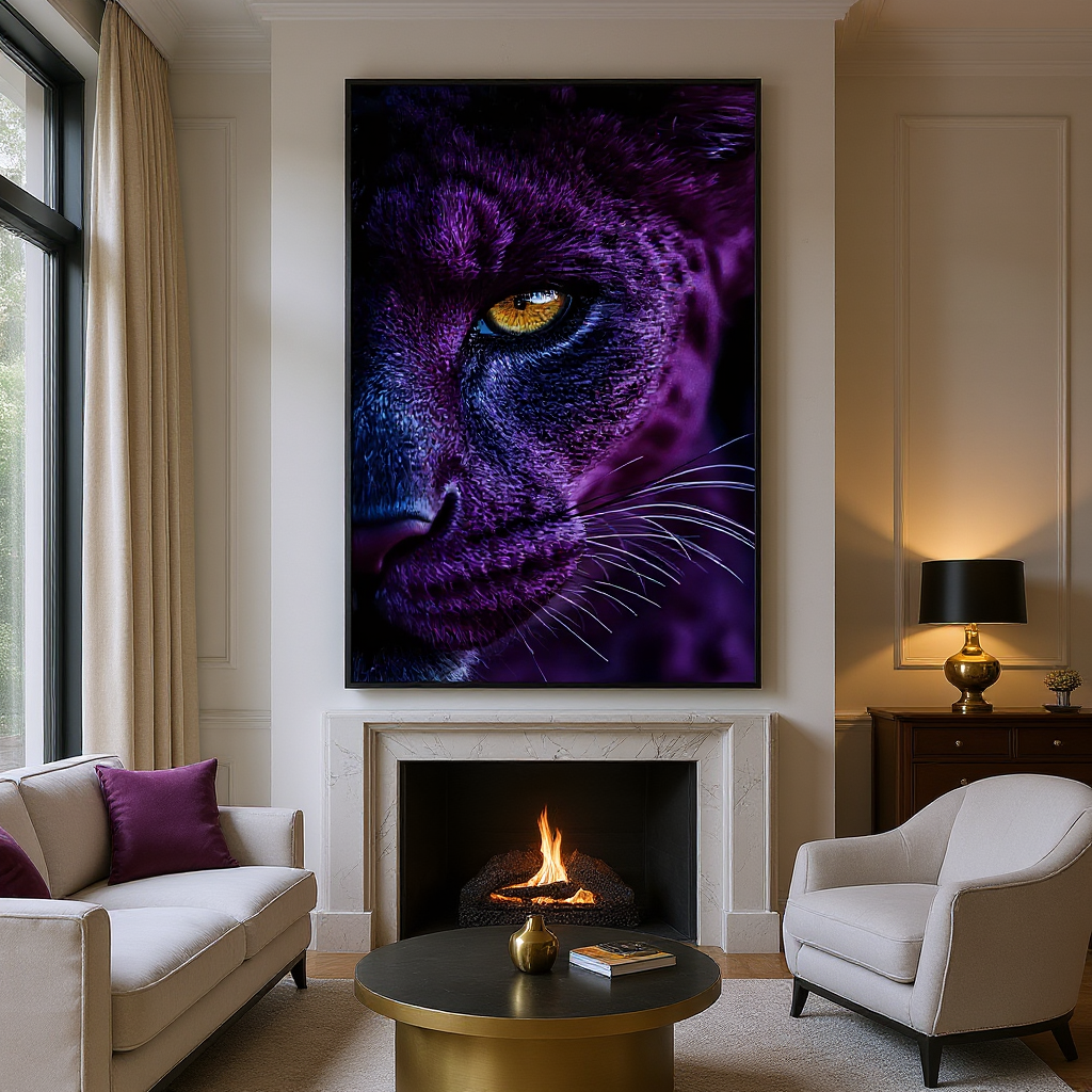 Mystical big cat acrylic wall art – Panther eye in violet blue – Powerful animal portrait for the living room