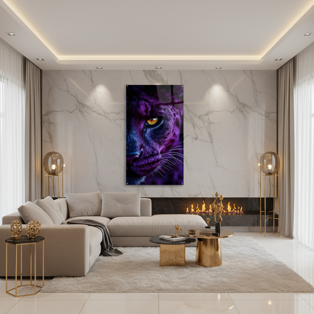 Mystical big cat acrylic wall art – Panther eye in violet blue – Powerful animal portrait for the living room