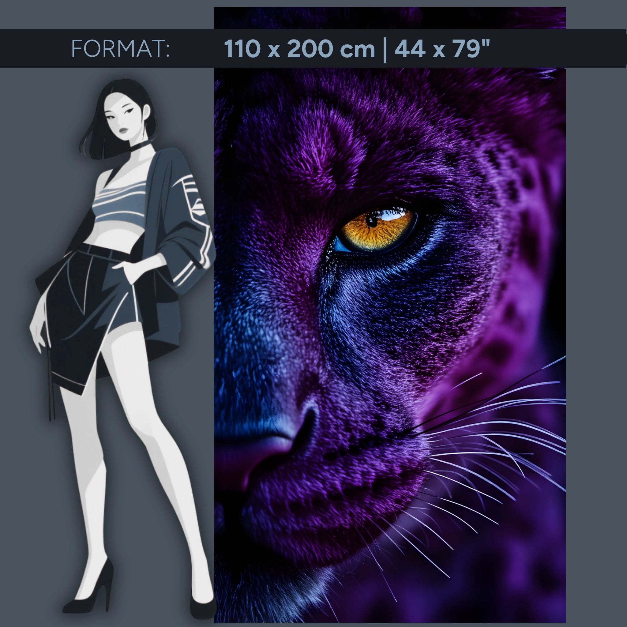 Mystical big cat acrylic wall art – Panther eye in violet blue – Powerful animal portrait for the living room