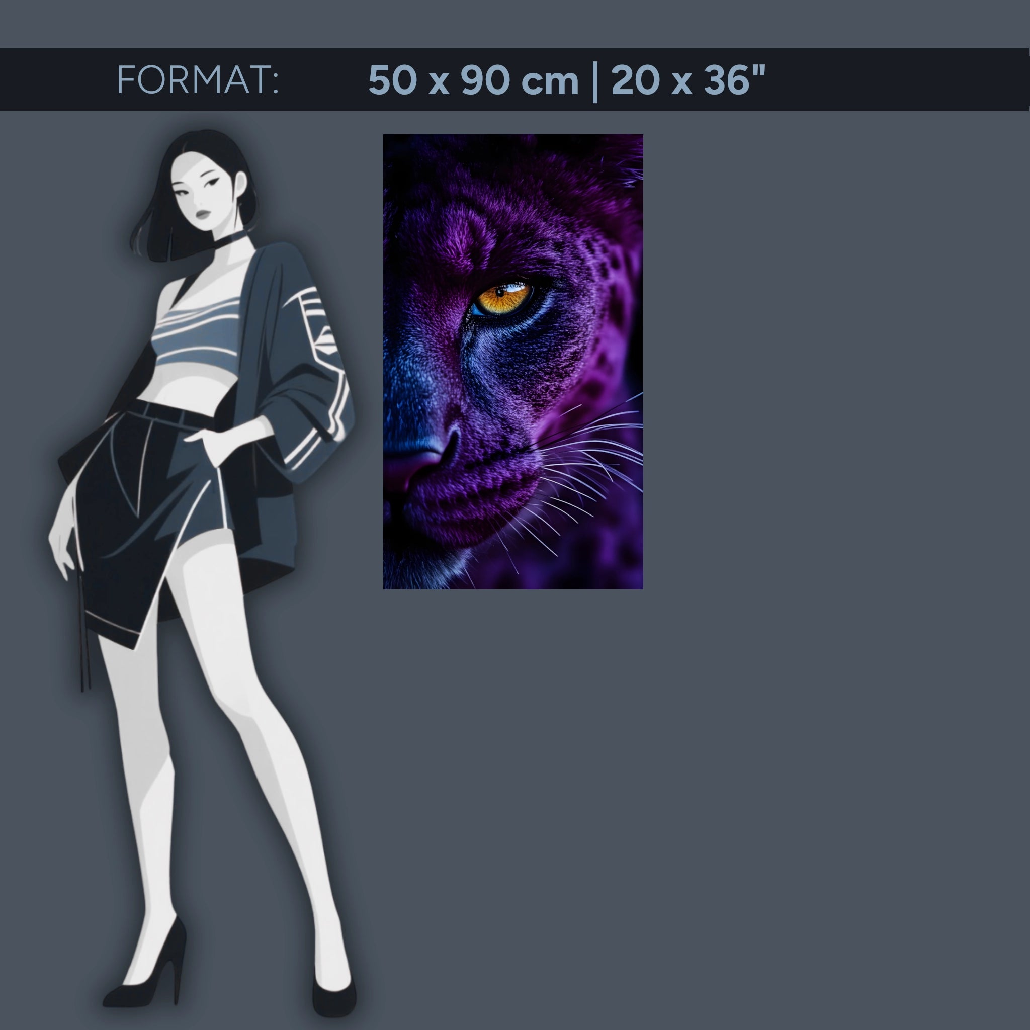 Mystical big cat acrylic wall art – Panther eye in violet blue – Powerful animal portrait for the living room