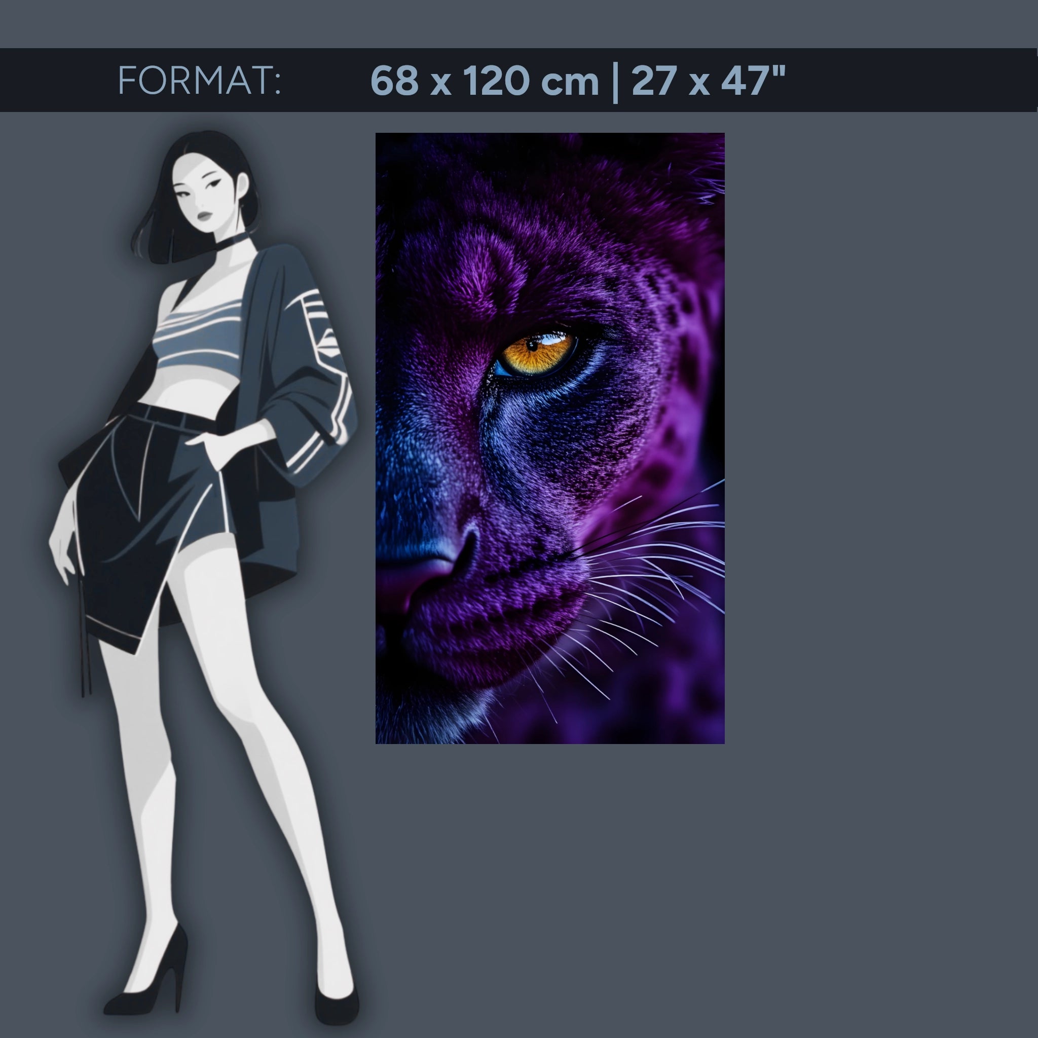 Mystical big cat acrylic wall art – Panther eye in violet blue – Powerful animal portrait for the living room