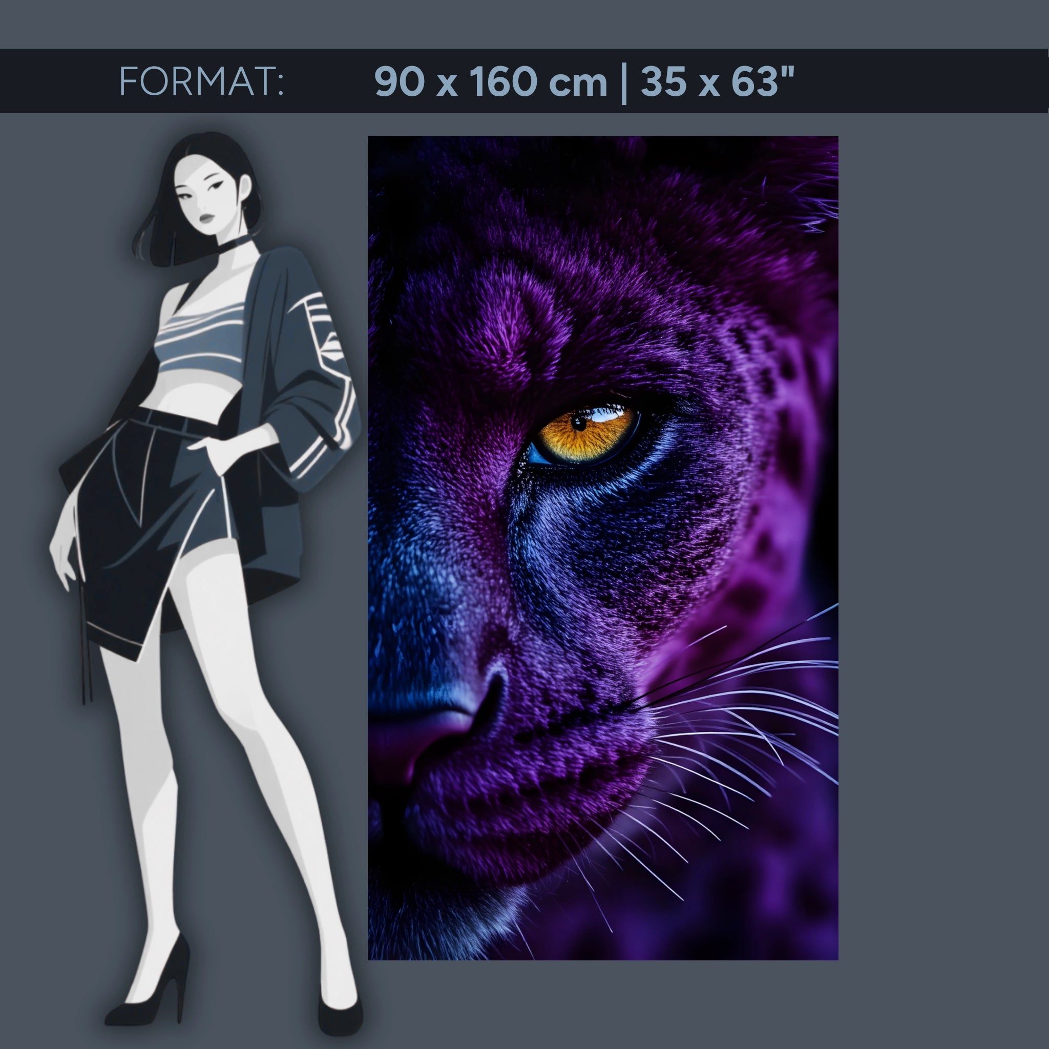 Mystical big cat acrylic wall art – Panther eye in violet blue – Powerful animal portrait for the living room