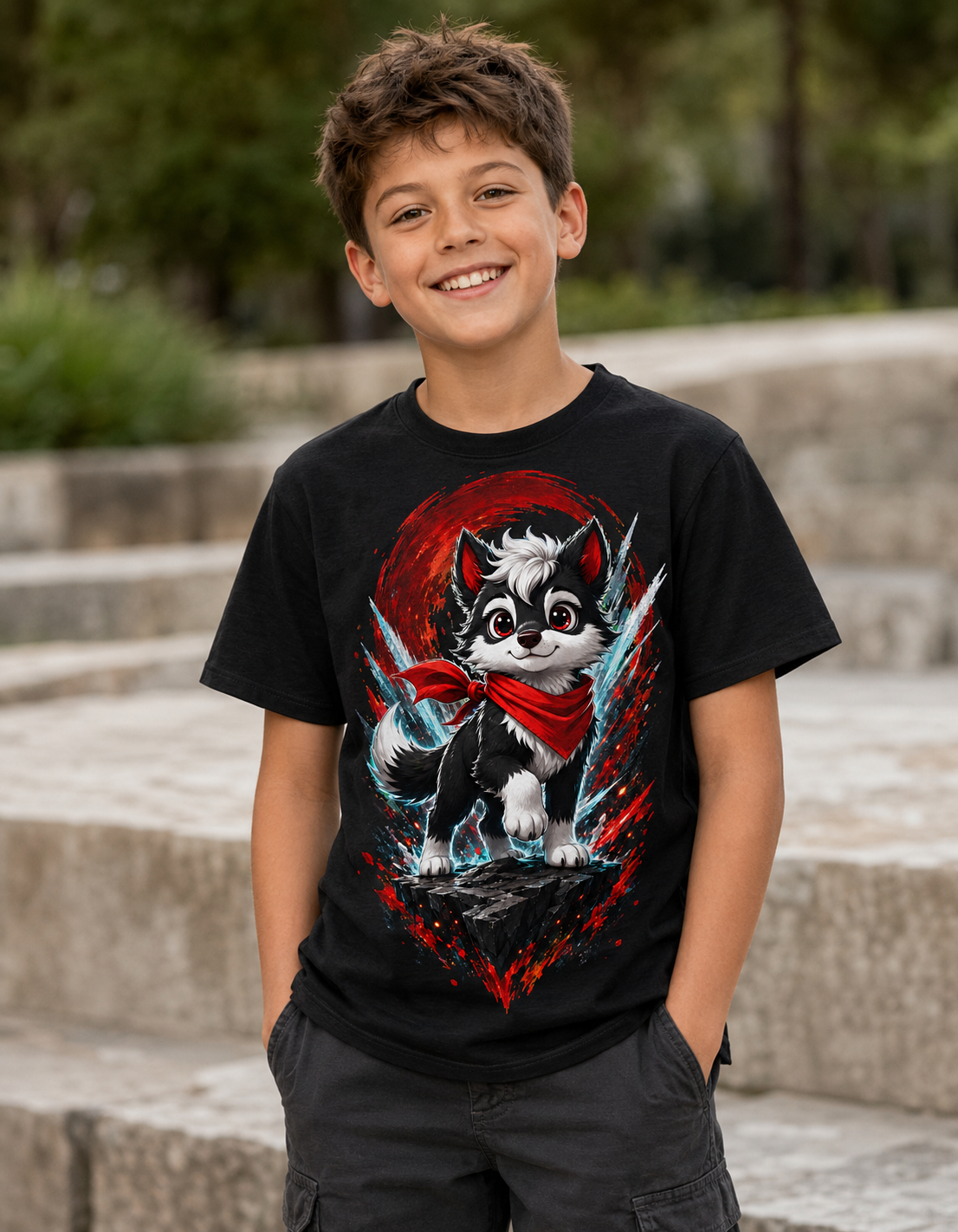 Kind trägt schwarzes Wolf Mut Kinder-T-Shirt