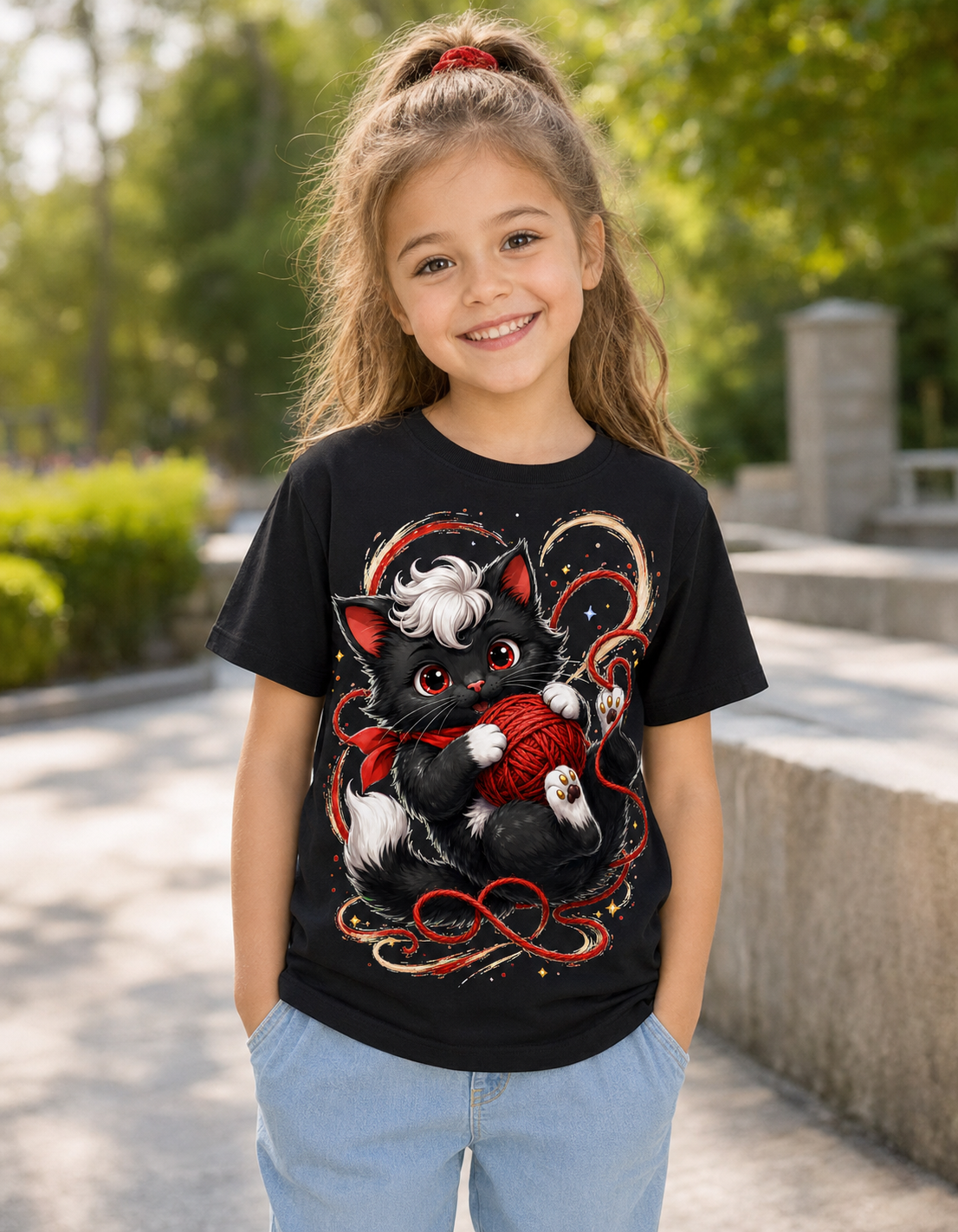 Wollknäuel-Katze Kinder-T-Shirt in Schwarz – getragen