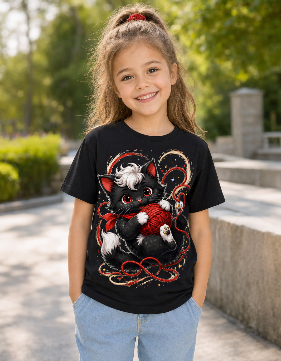 Wollknäuel-Katze Kinder-T-Shirt in Schwarz – getragen