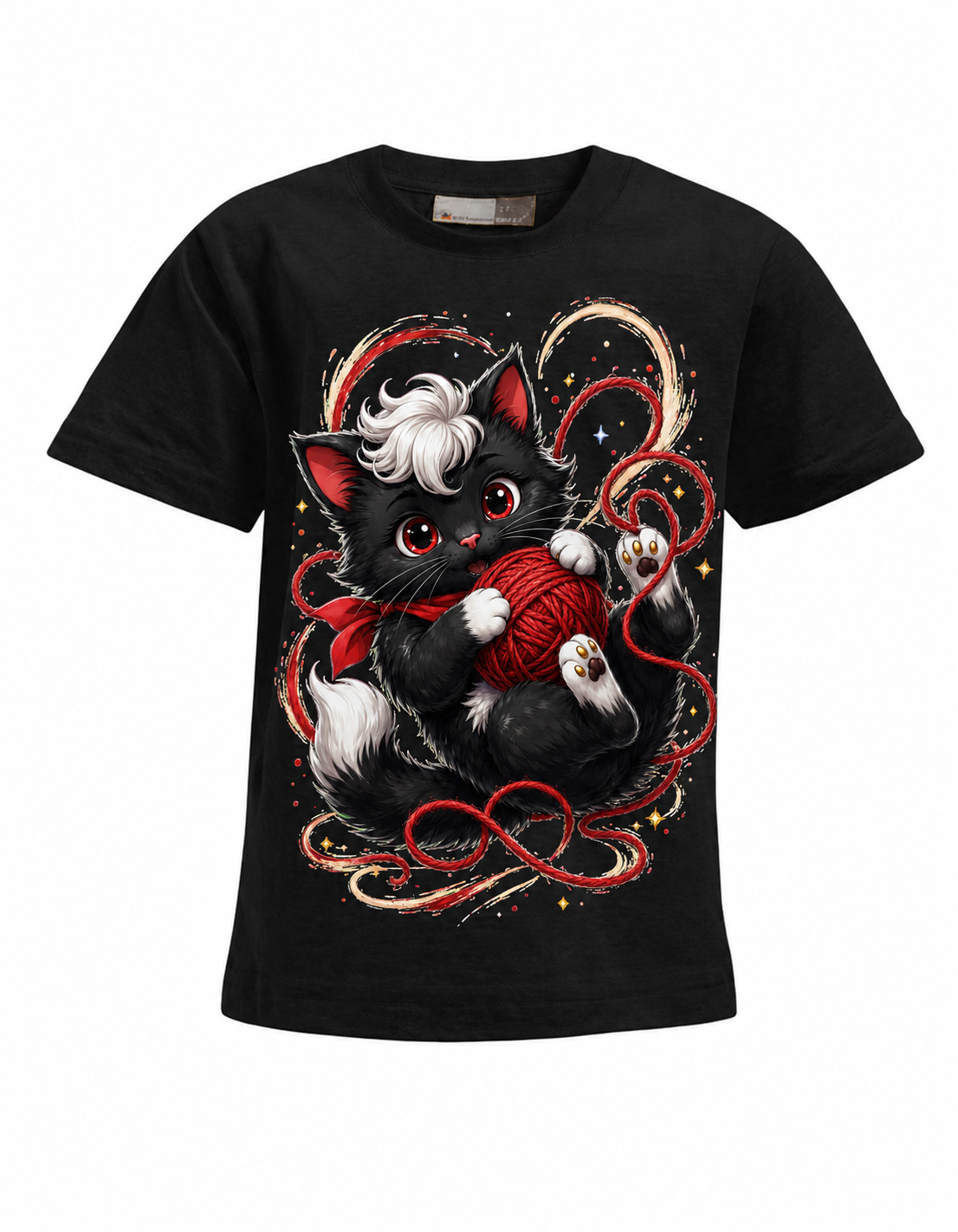 Wollknäuel-Katze Kinder-T-Shirt in Schwarz – Produktansicht