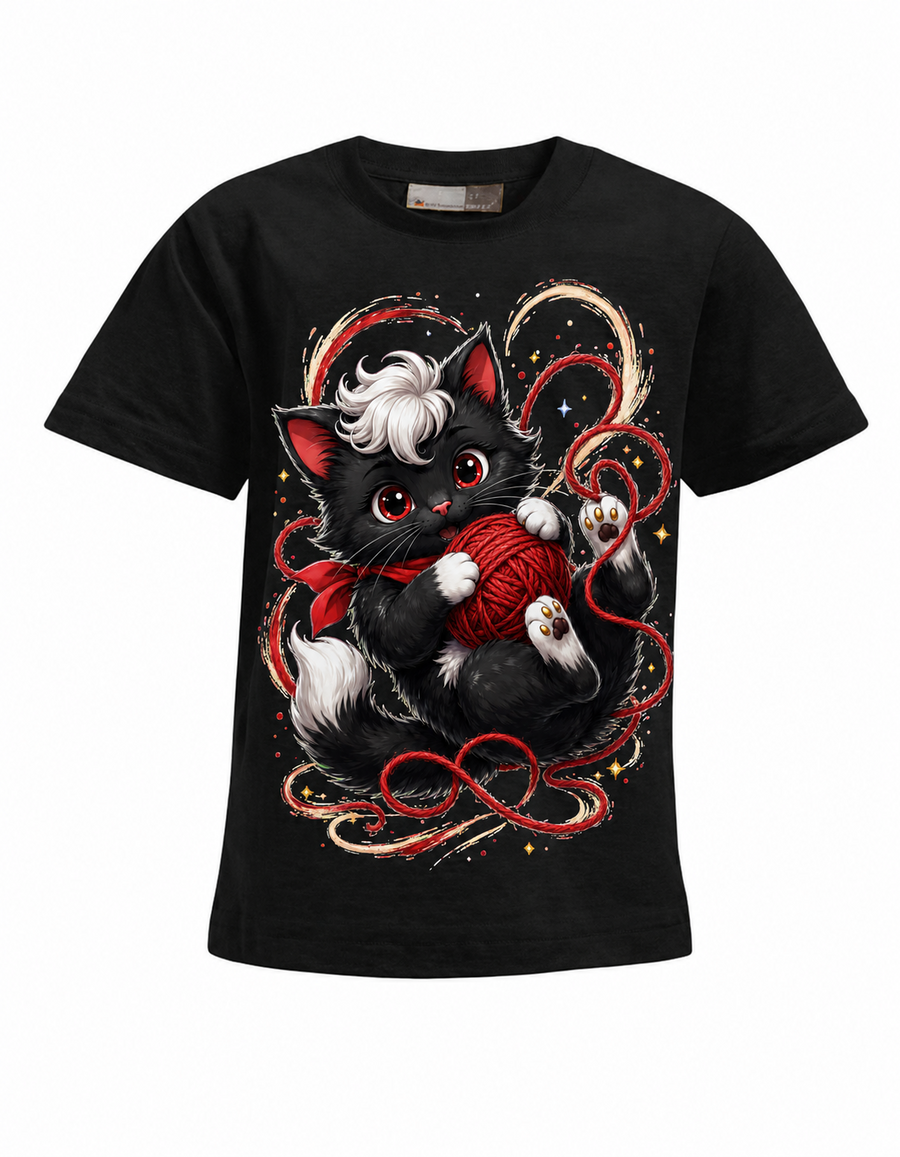 Wollknäuel-Katze Kinder-T-Shirt in Schwarz – Produktansicht